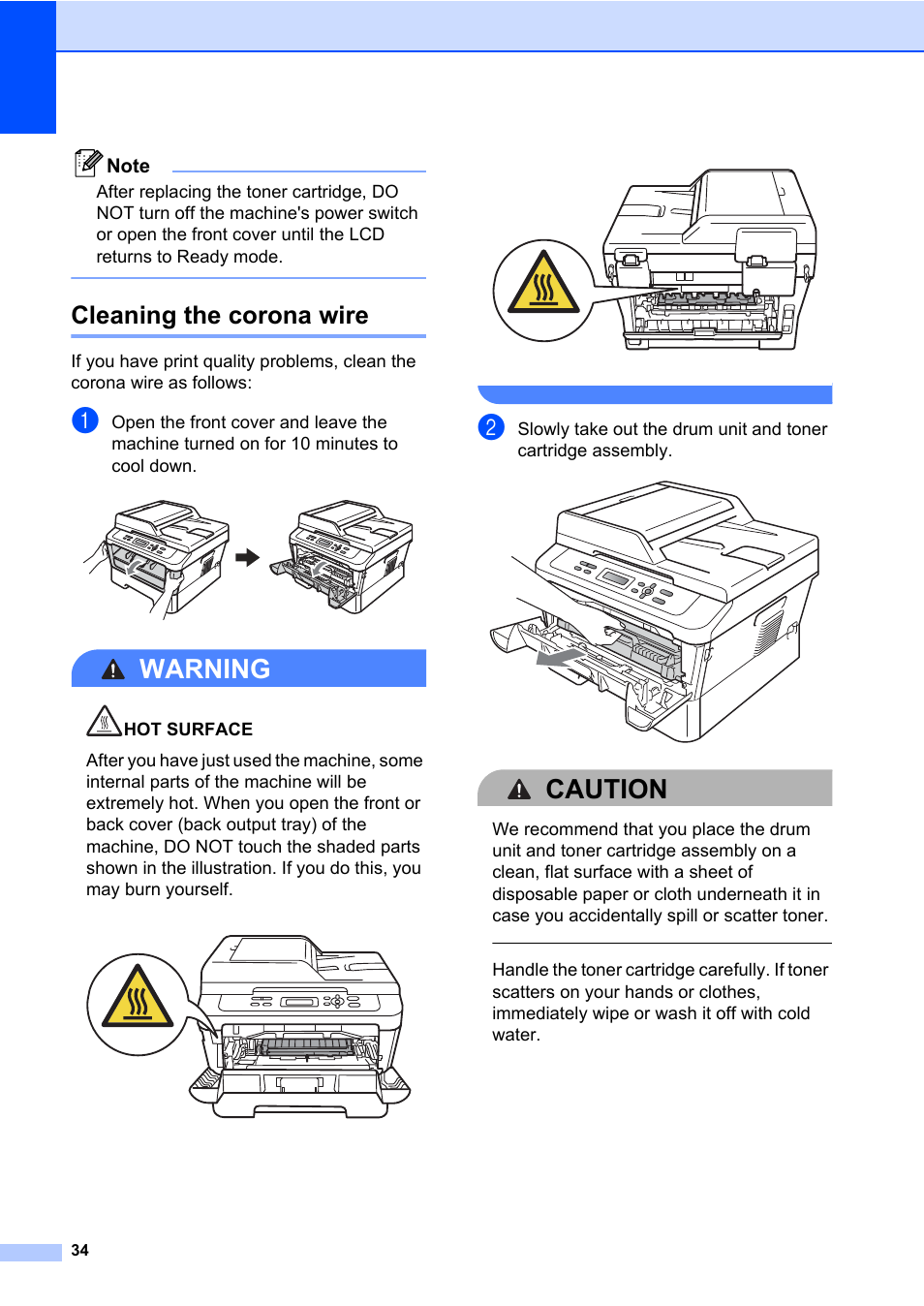 Cleaning the corona wire, Warning, Caution | Brother HL-2280DW User Manual | Page 48 / 112