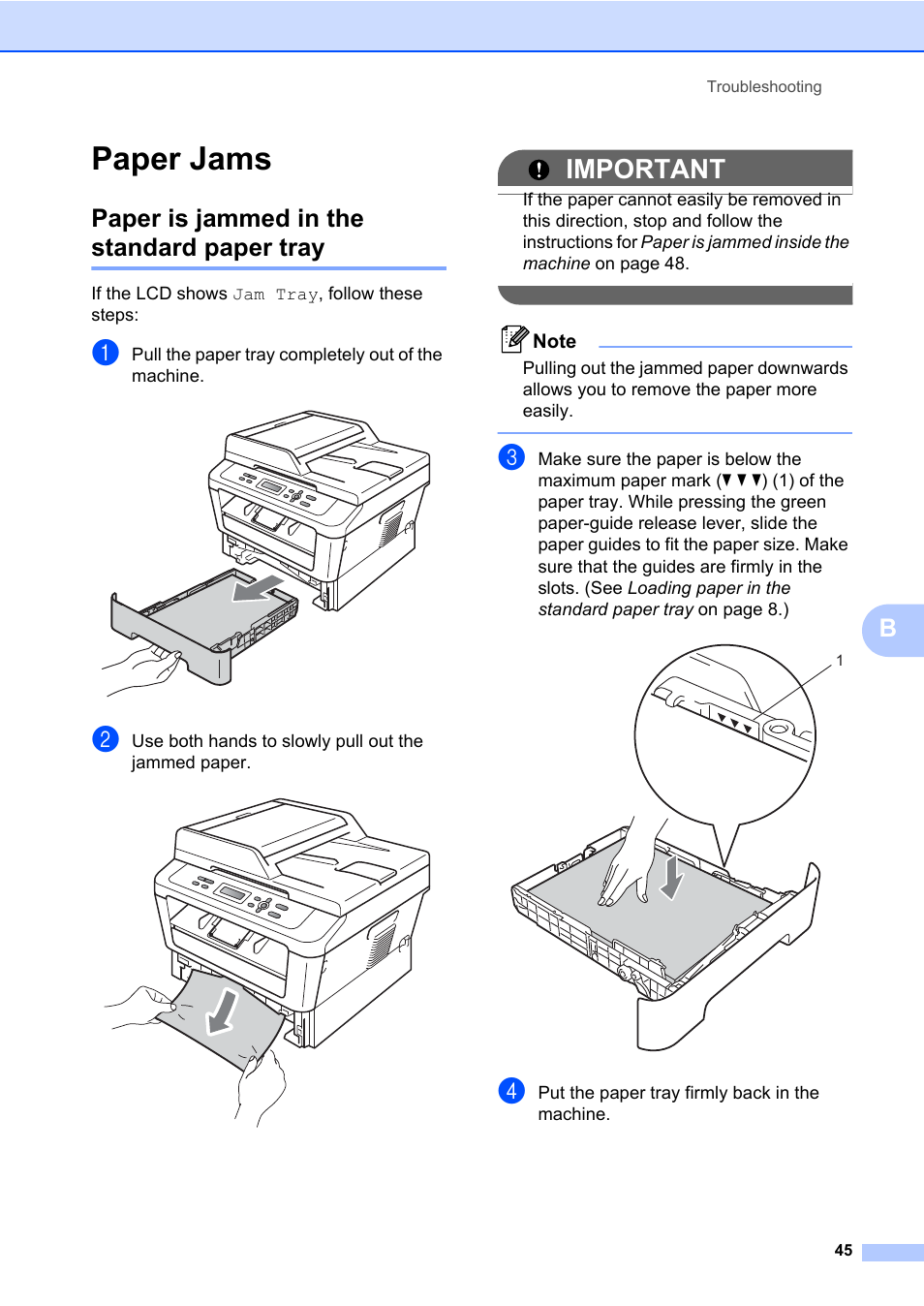 Paper jams, Paper is jammed in the standard paper tray, Important | Brother HL-2280DW User Manual | Page 59 / 112