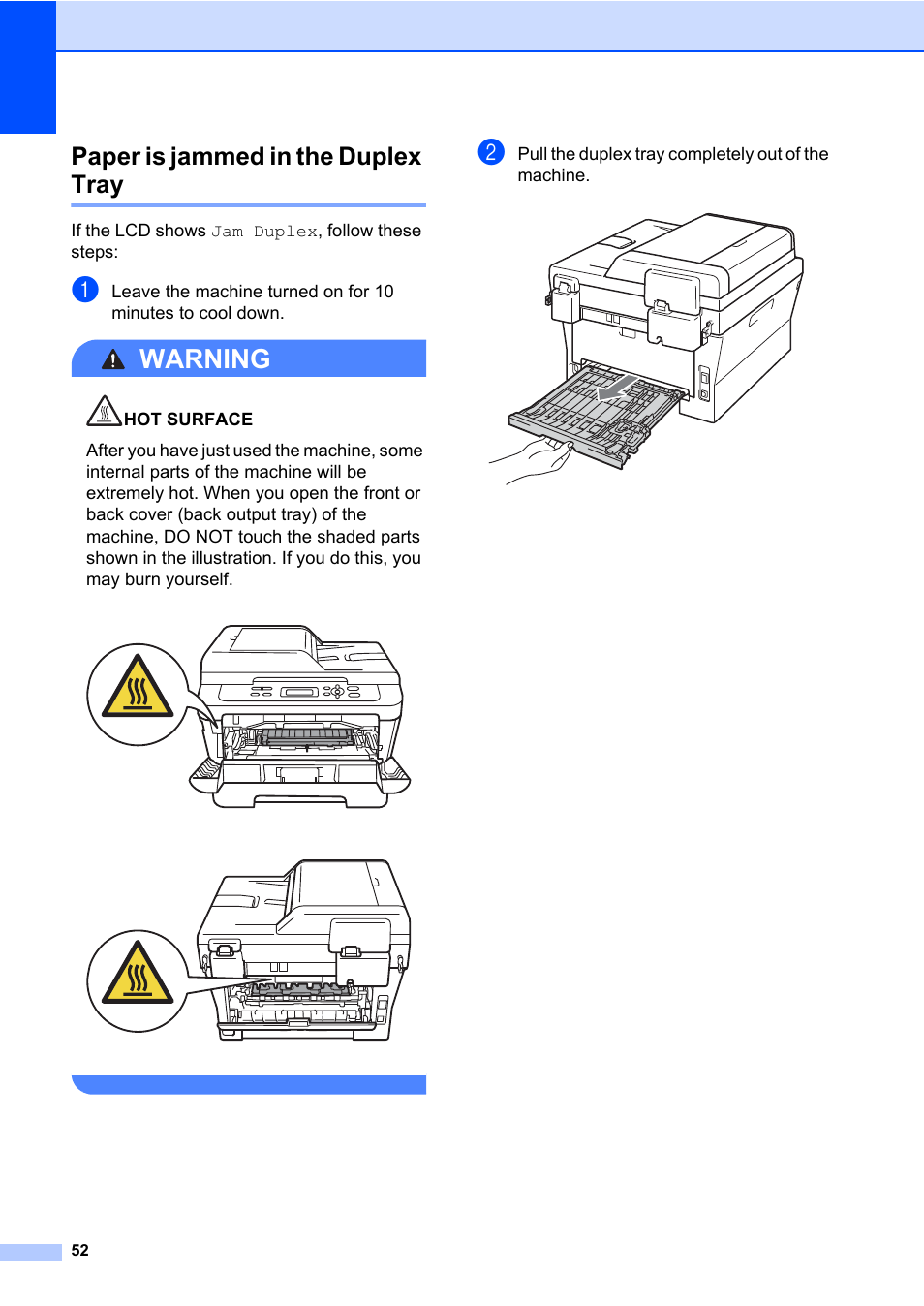 Paper is jammed in the duplex tray, Warning | Brother HL-2280DW User Manual | Page 66 / 112