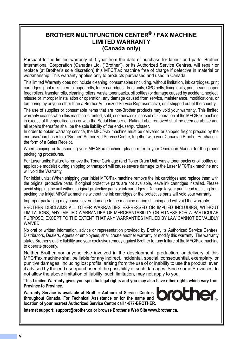 Brother multifunction center, Fax machine limited warranty (canada only) | Brother HL-2280DW User Manual | Page 8 / 112