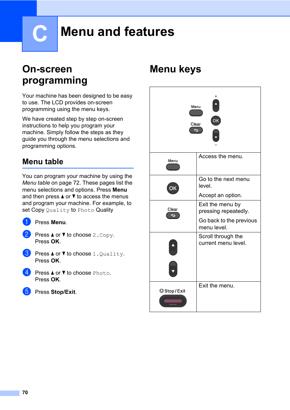 C menu and features, On-screen programming, Menu table | Menu keys, Menu and features | Brother HL-2280DW User Manual | Page 84 / 112
