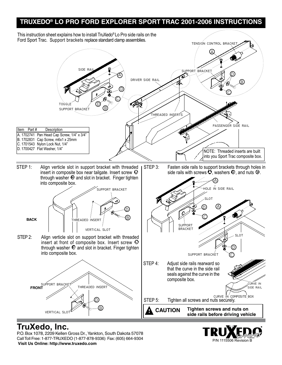 TruXedo Ford Sport Trac 2001-2006 User Manual | 1 page