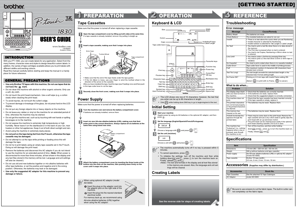 Brother P-touch LN7808001 User Manual | 2 pages