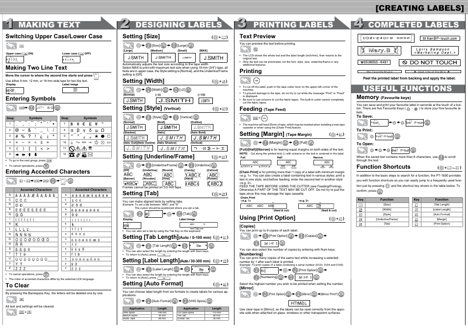 Entering symbols, Entering accented characters, Setting [size | Setting [width, Setting [style, Setting [underline/frame, Setting [tab, Setting [tab length, Setting [label length, Setting [auto format | Brother P-touch LN7808001 User Manual | Page 2 / 2