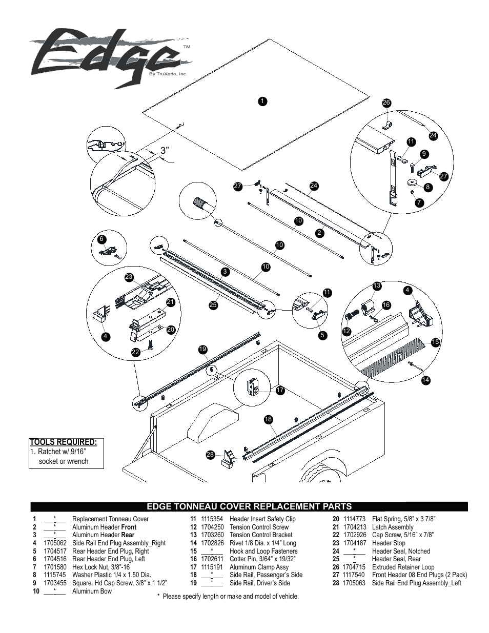 Tools required, Edge tonneau cover replacement parts | TruXedo Edge User Manual | Page 2 / 4