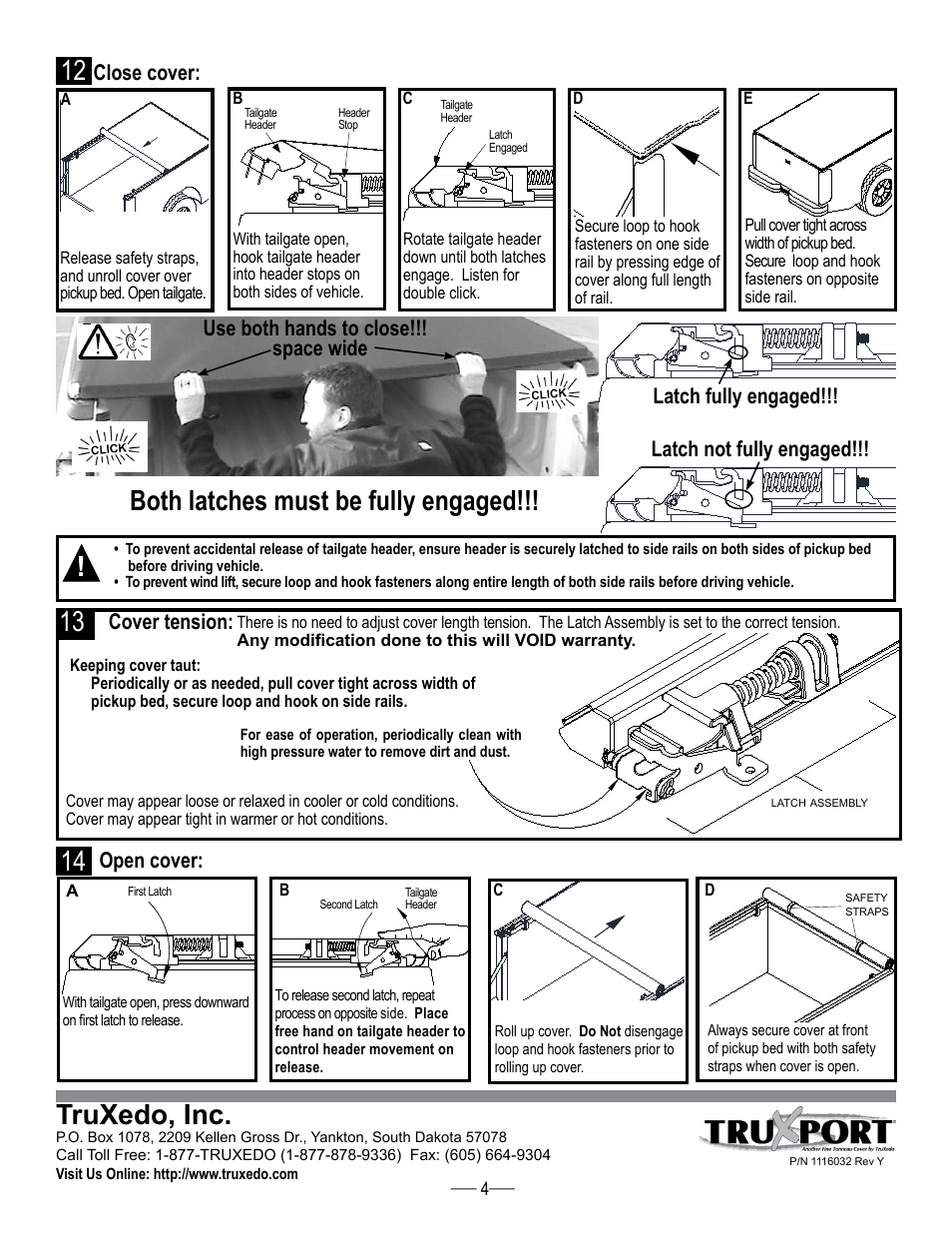 Truxedo, inc, Both latches must be fully engaged, Close cover: open cover | Cover tension | TruXedo TruXport User Manual | Page 4 / 6