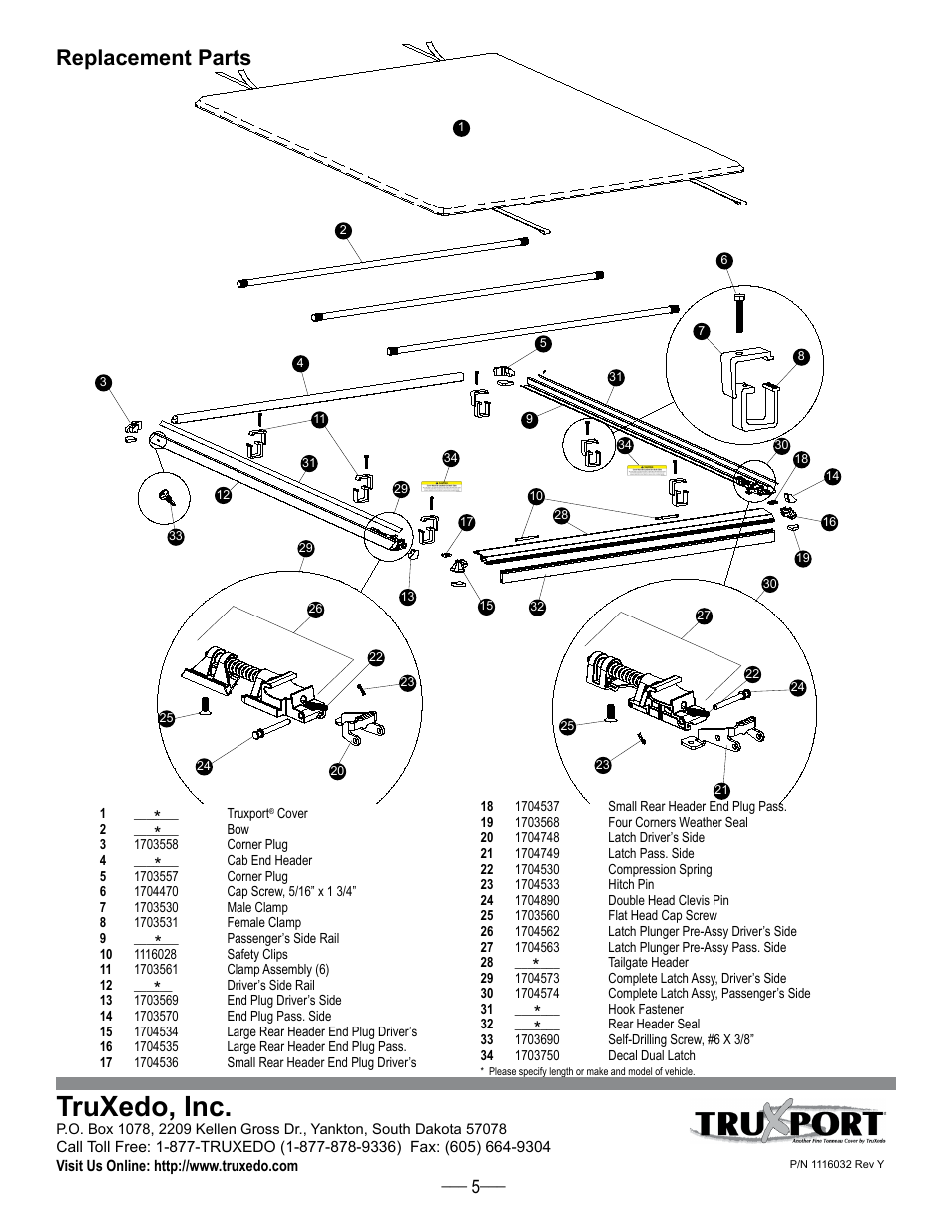 Truxedo, inc, Replacement parts | TruXedo TruXport User Manual | Page 5 / 6