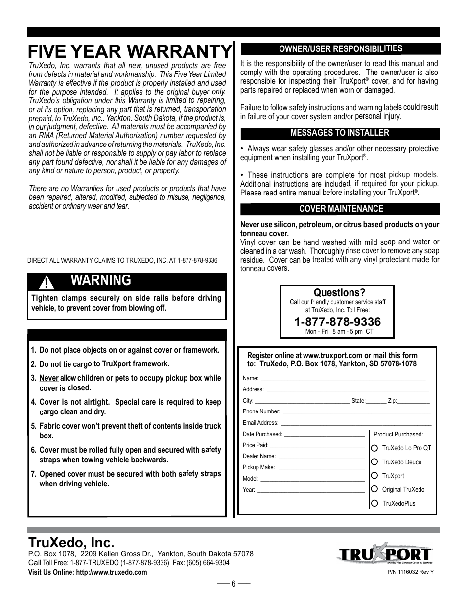 Five year warranty, Warning, Truxedo, inc | Questions | TruXedo TruXport User Manual | Page 6 / 6