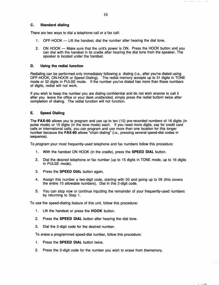 C. standard dialing, D. using the redial function, E. speed dialing | Brother FAX-60 User Manual | Page 22 / 36