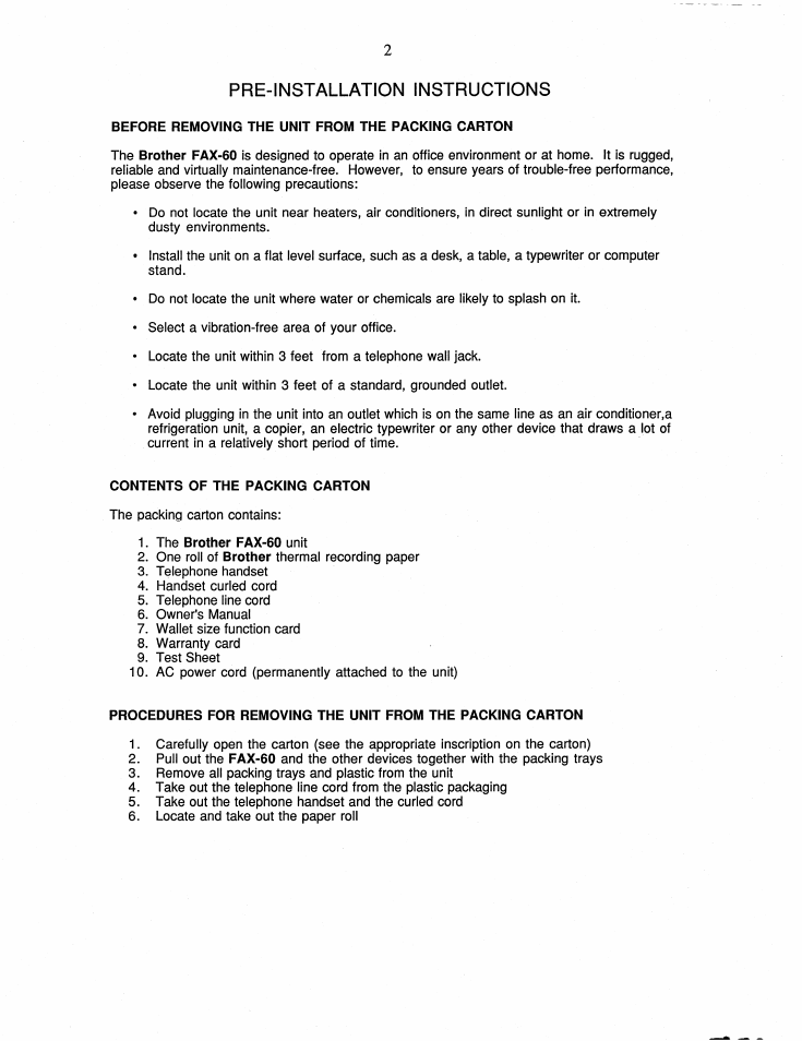 Before removing the unit from the packing carton, Contents of the packing carton, Pre-installation instructions | Brother FAX-60 User Manual | Page 8 / 36