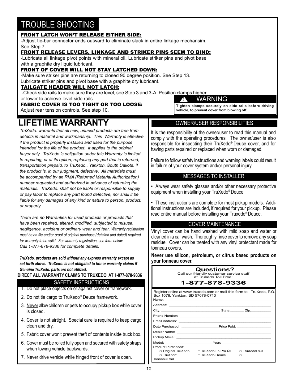 Trouble shooting, Lifetime warranty, Warning | TruXedo Deuce User Manual | Page 10 / 10