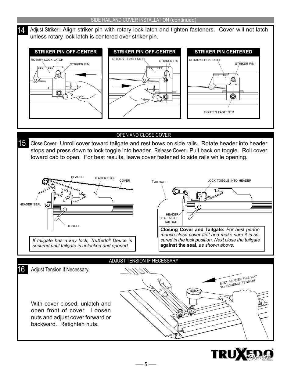 Side rail and cover installation (continued), Adjust tension if necessary, Open and close cover | TruXedo Deuce Covers manufactured before 12/17/12 User Manual | Page 5 / 8