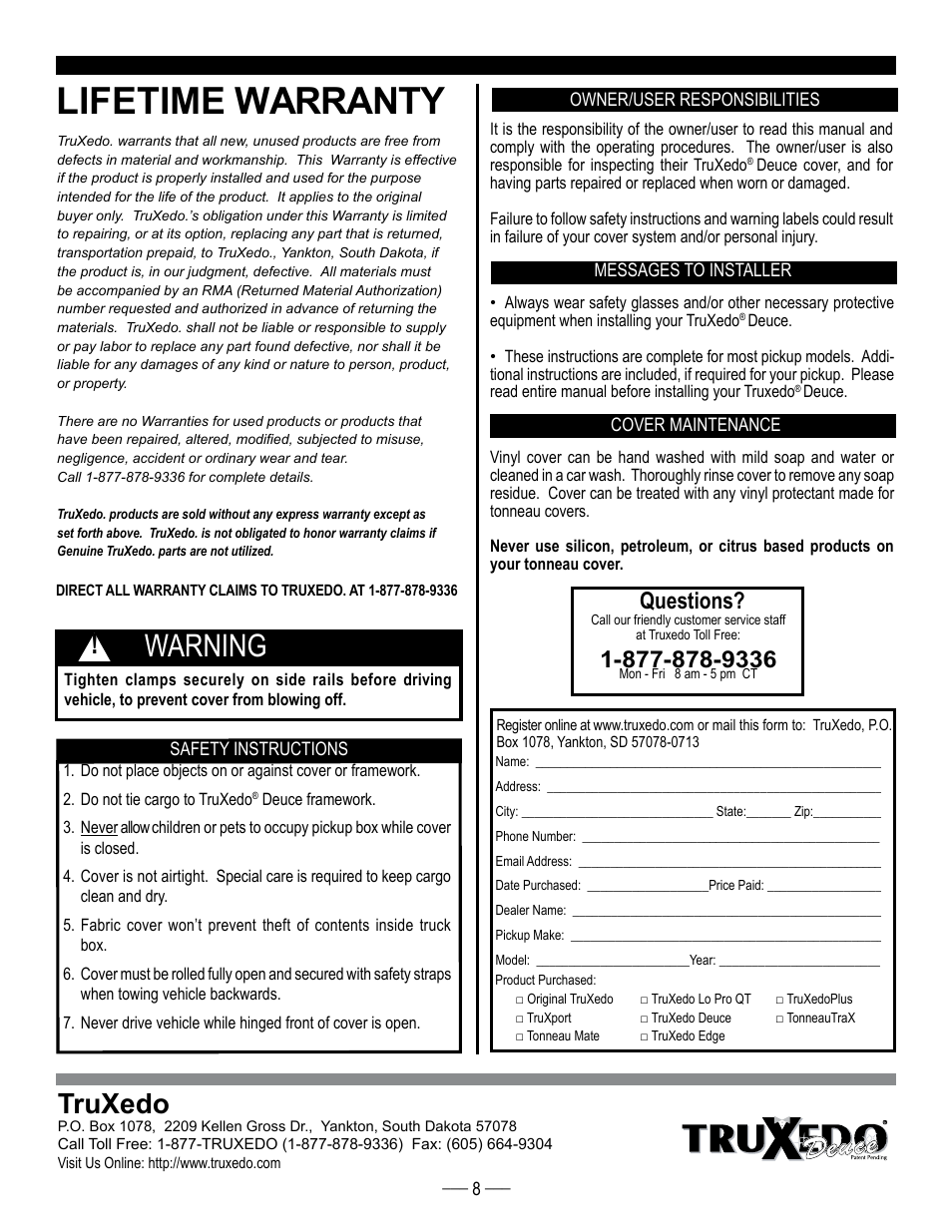 Lifetime warranty, Warning, Truxedo | Questions | TruXedo Deuce Covers manufactured before 12/17/12 User Manual | Page 8 / 8