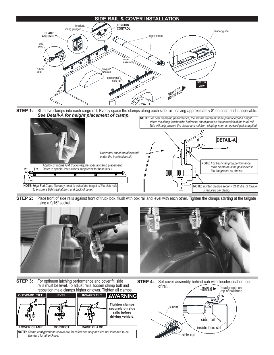 Warning, Side rail & cover installation, Detail-a | TruXedo TonneauTraX User Manual | Page 2 / 6