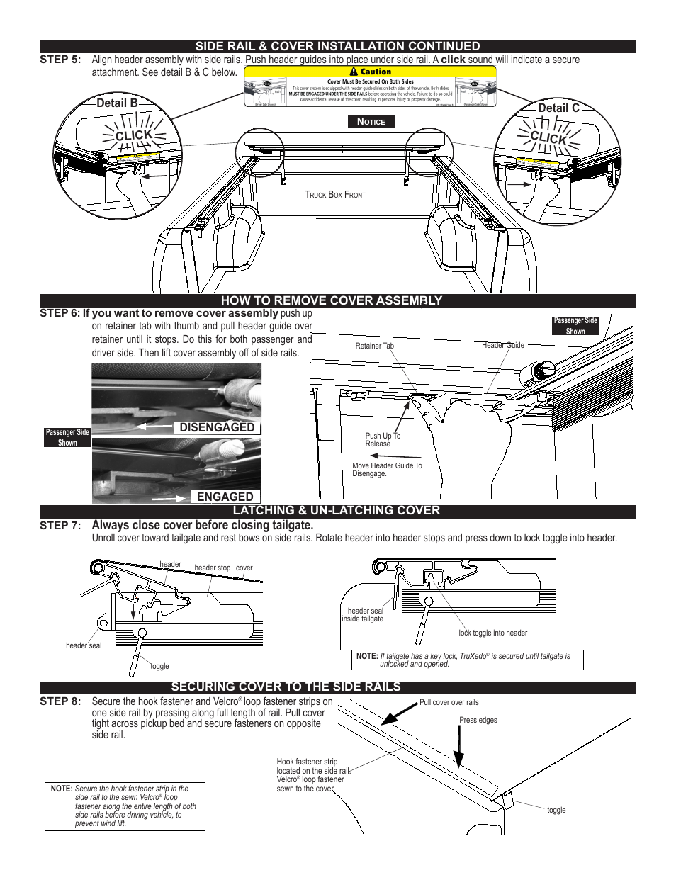 Always close cover before closing tailgate, Latching & un-latching cover, Detail b detail c | How to remove cover assembly, Click, Disengaged engaged | TruXedo TonneauTraX User Manual | Page 3 / 6