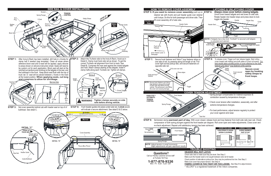 Questions, Always close cover before closing tailgate, Side rail & cover installation | Latching & unlatching cover, Cover tension adjustment, Trouble shooting, Click, How to remove cover assembly | TruXedo Lo Pro QT/Invis-A-Rack User Manual | Page 2 / 4