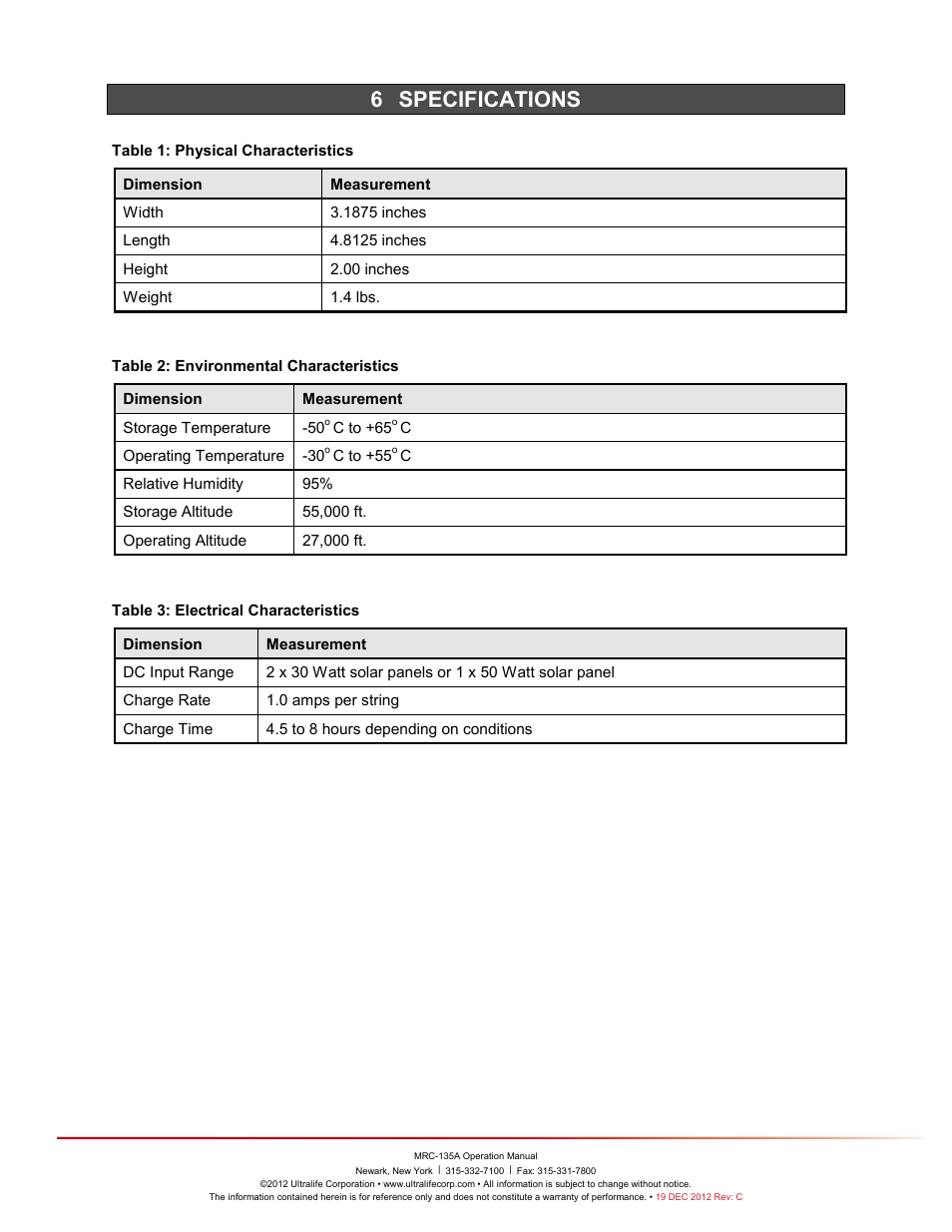 6 specifications, Specifications | Ultralife MRC-135A User Manual | Page 10 / 10