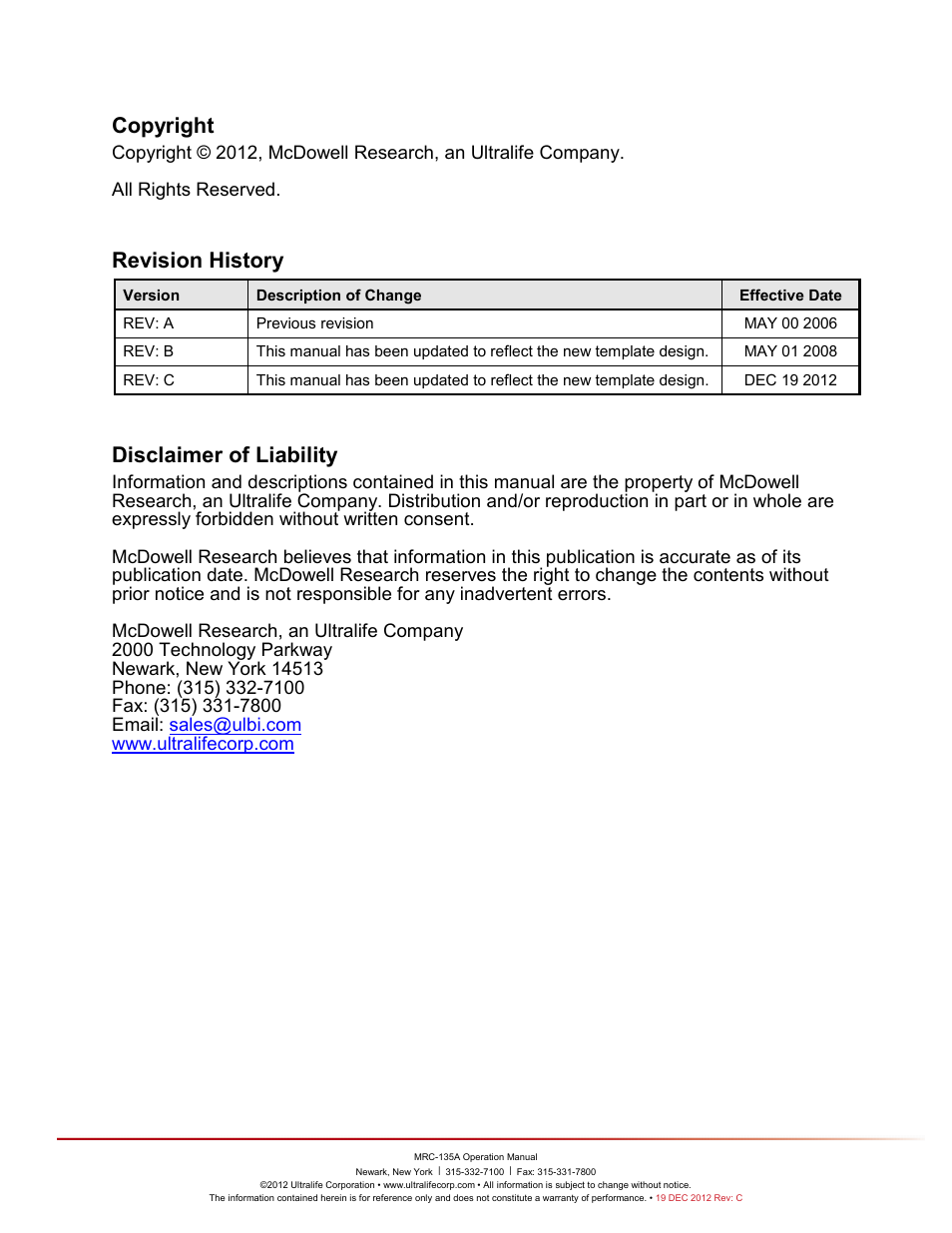 Copyright, Revision history, Disclaimer of liability | Ultralife MRC-135A User Manual | Page 2 / 10