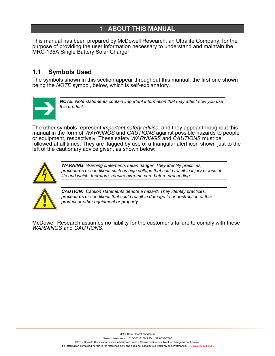 1 about this manual, About, This | Manual, Ymbols, 1 symbols used | Ultralife MRC-135A User Manual | Page 4 / 10