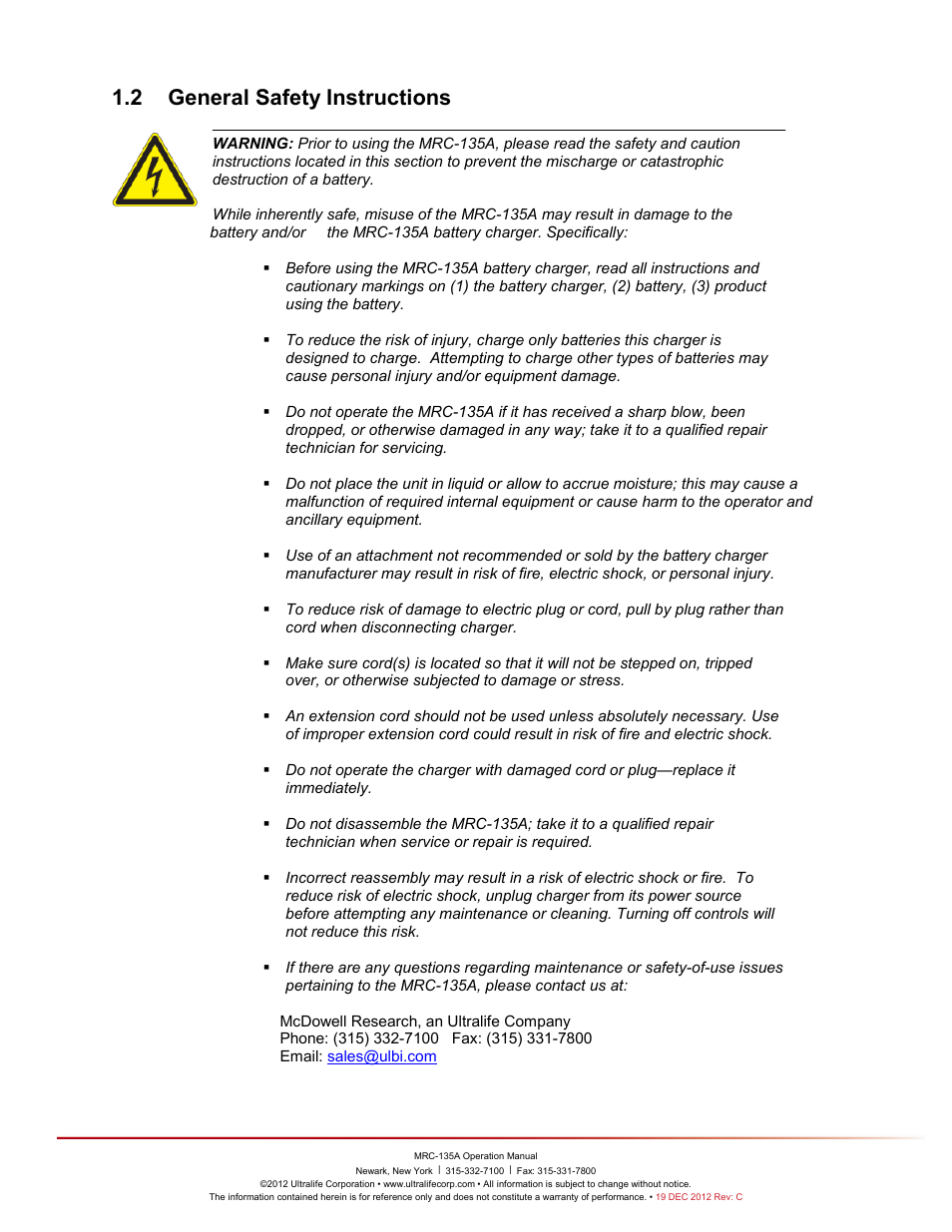 Eneral, Afety, Nstructions | 2 general safety instructions | Ultralife MRC-135A User Manual | Page 5 / 10