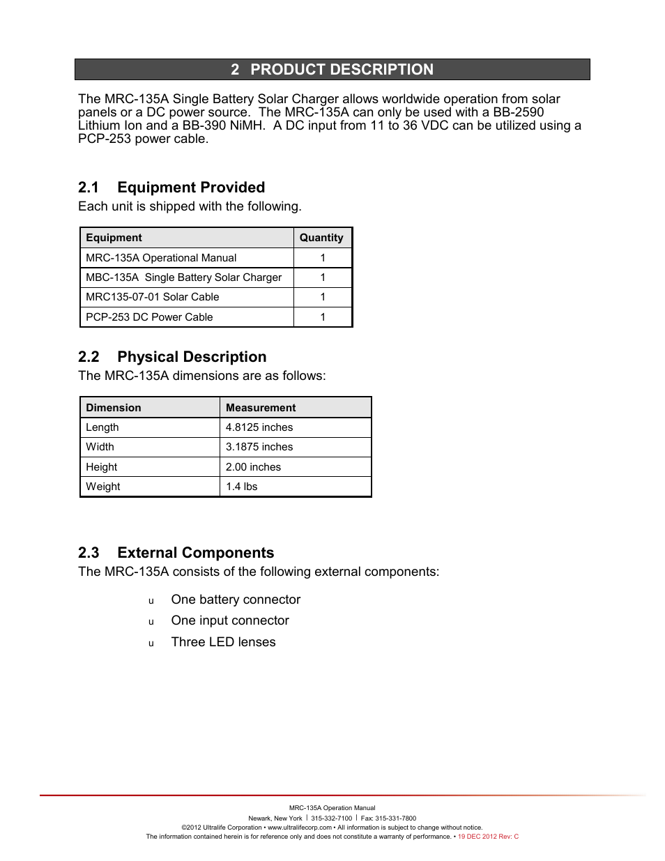 2 product description, Product, Description | Quipment, Rovided, Hysical, Escription, Xternal, Omponents, 1 equipment provided | Ultralife MRC-135A User Manual | Page 6 / 10