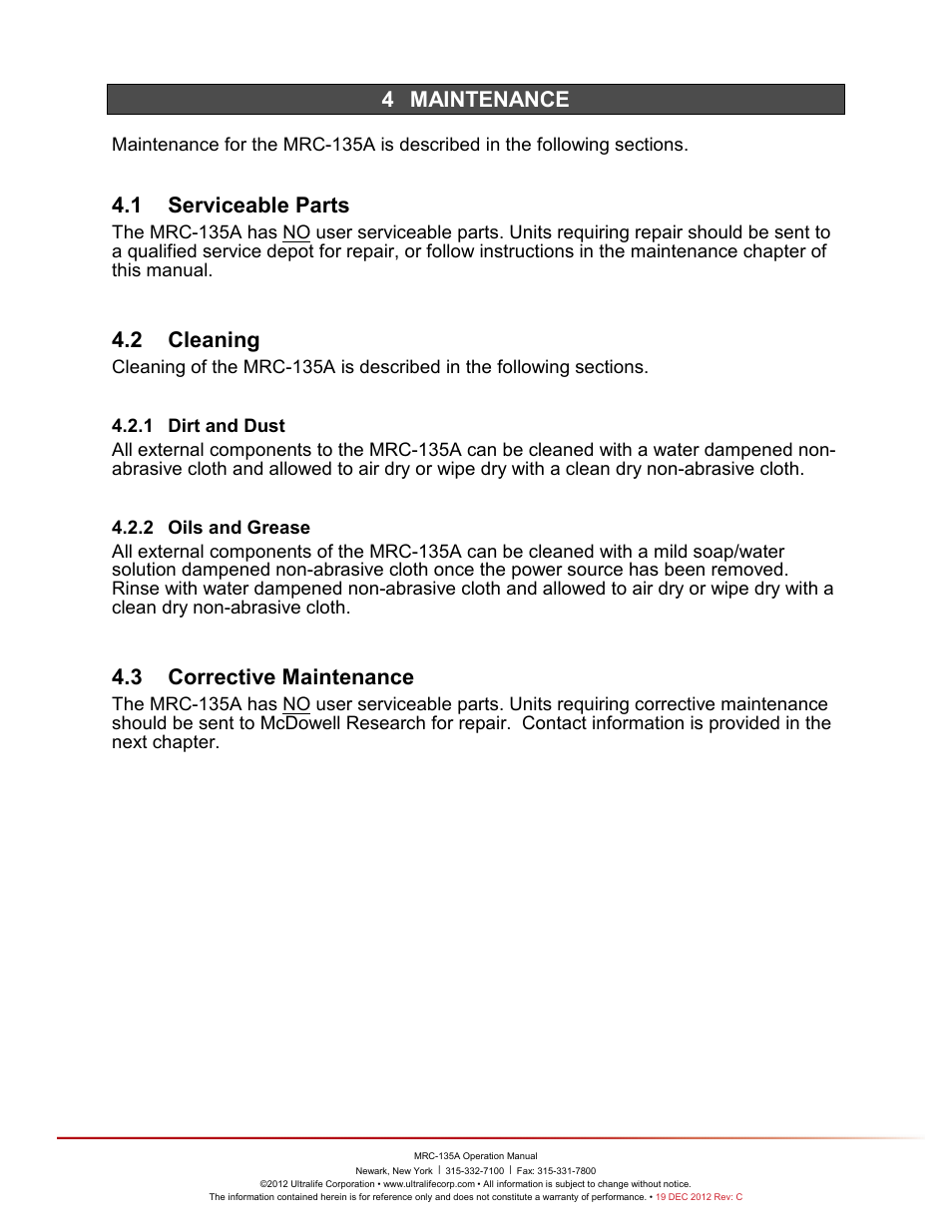 4 maintenance, 1 dirt and dust, 2 oils and grease | Maintenance, Erviceable, Arts, Leaning, Dirt and dust, Oils and grease, Orrective | Ultralife MRC-135A User Manual | Page 8 / 10