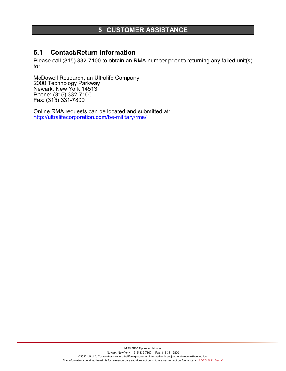 5 customer assistance, Customer, Assistance | Ontact, Eturn, Nformation | Ultralife MRC-135A User Manual | Page 9 / 10