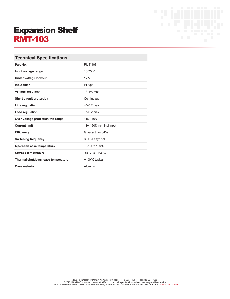 Expansion shelf rmt-103, Technical specifications | Ultralife RMT-103 User Manual | Page 2 / 2