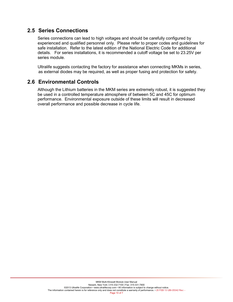 5 series connections, 6 environmental controls | Ultralife URB0003 User Manual | Page 10 / 11