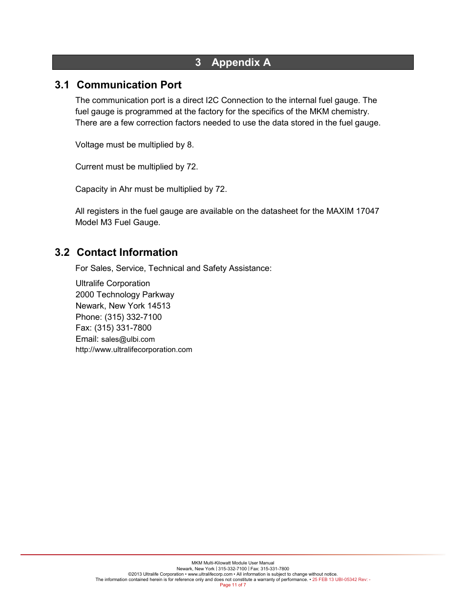 3 appendix a, 3 appendix a 3.1 communication port, 2 contact information | Ultralife URB0003 User Manual | Page 11 / 11