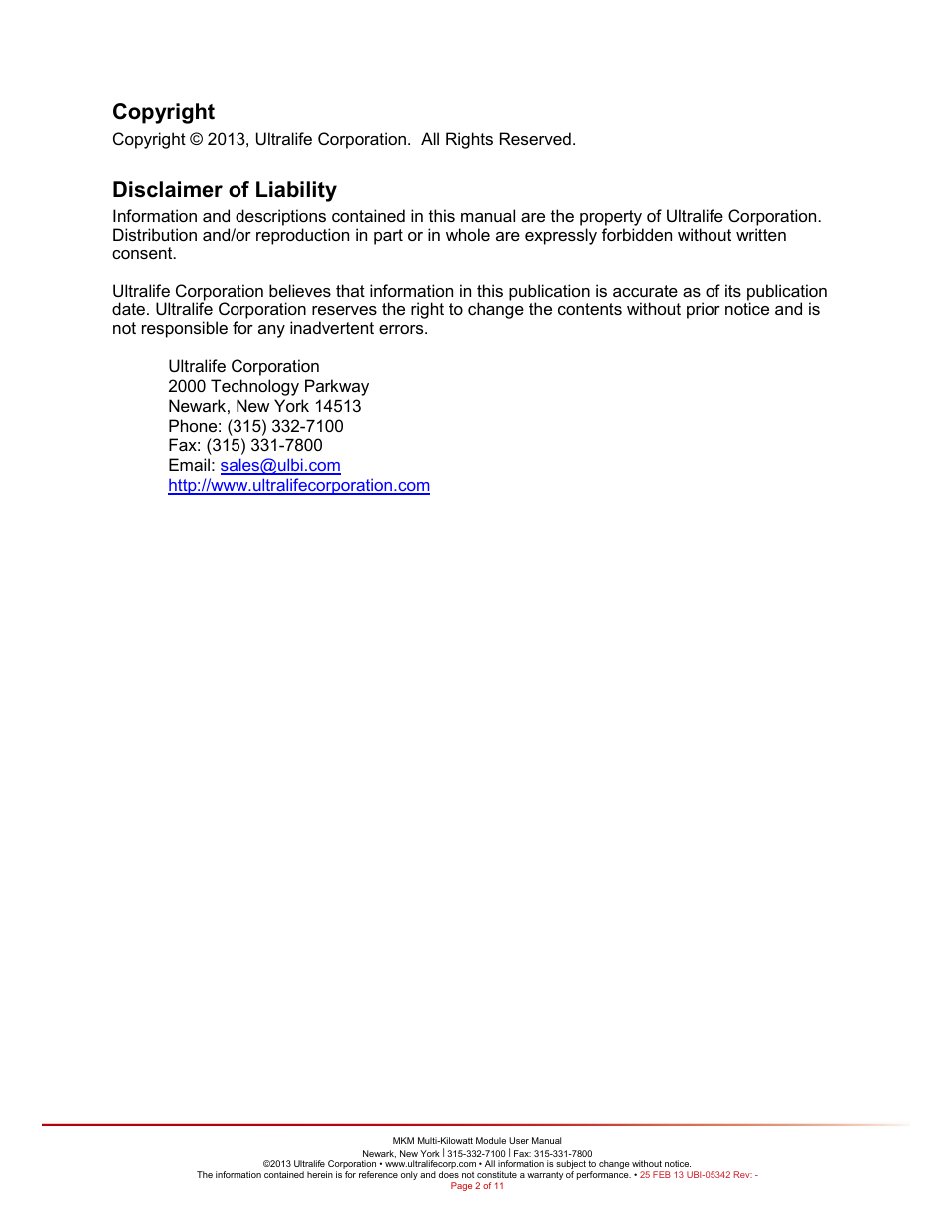 Copyright, Disclaimer of liability | Ultralife URB0003 User Manual | Page 2 / 11