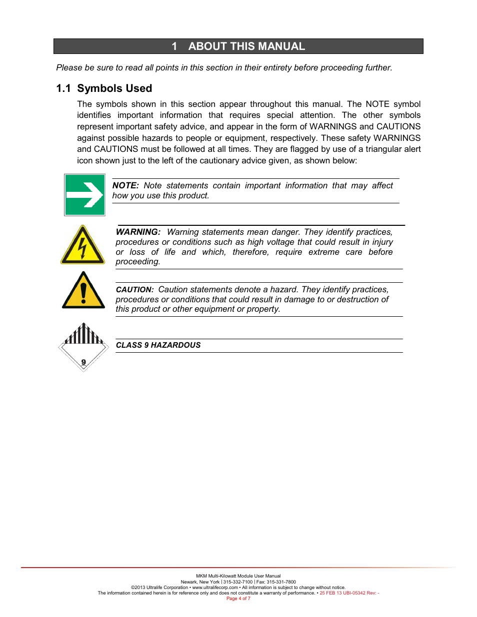 About this manual, 1 symbols used, Symbols used | 1 about this manual | Ultralife URB0003 User Manual | Page 4 / 11
