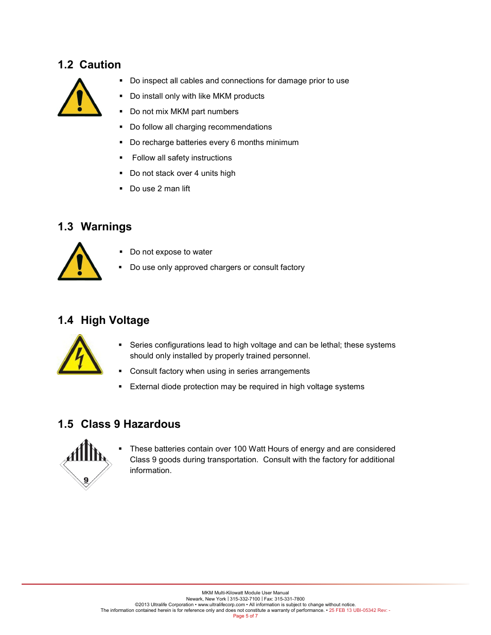 2 caution, 3 warnings, 4 high voltage | 5 class 9 hazardous | Ultralife URB0003 User Manual | Page 5 / 11