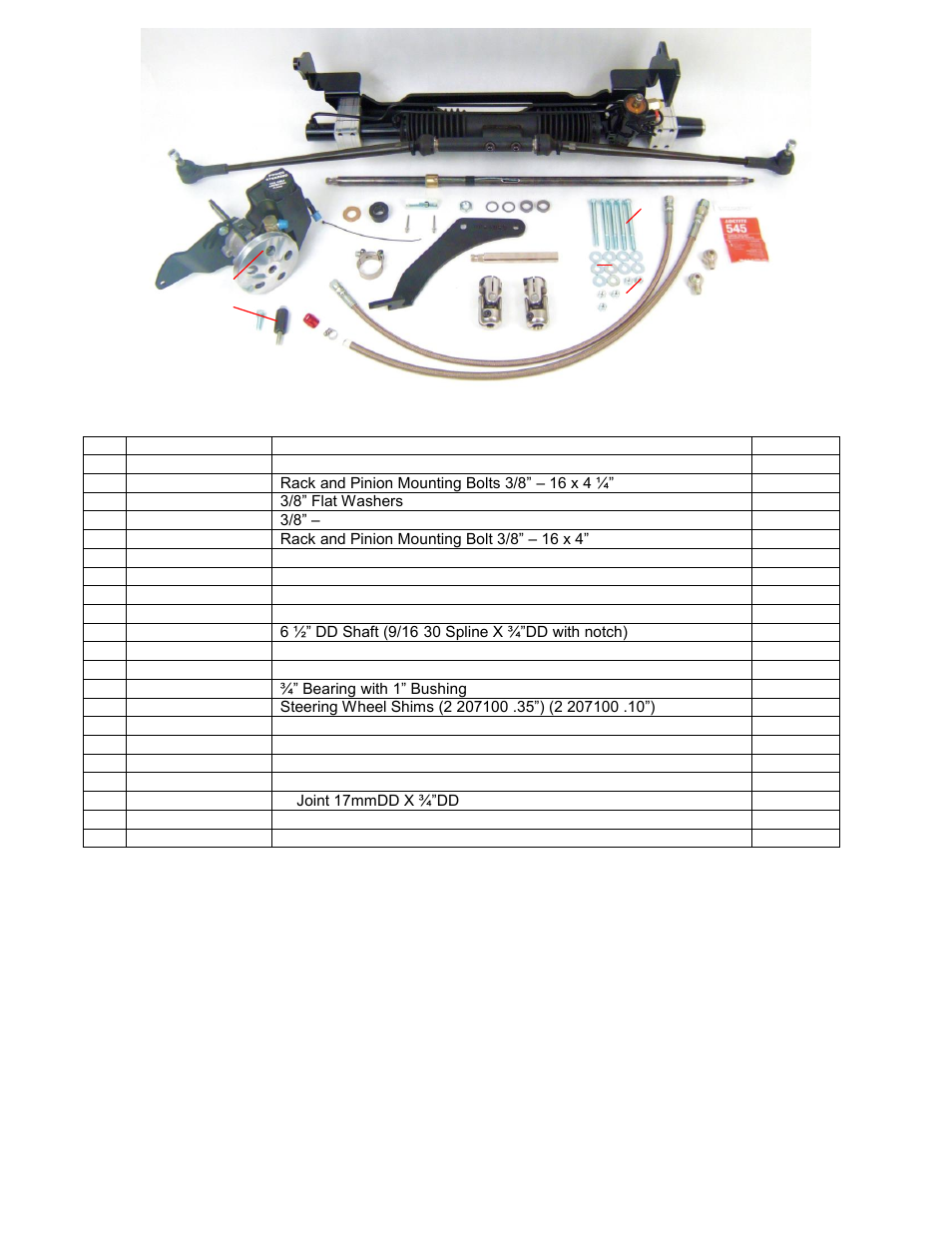 Kit contents | Unisteer 8011640 Ford Full-Size Rack & Pinion Kit 1955-1956 User Manual | Page 2 / 9