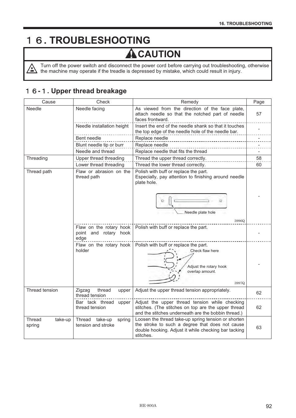 ውዒ . troubleshooting, Caution, ውዒ - ው . upper thread breakage | Brother HE-800A User Manual | Page 100 / 118