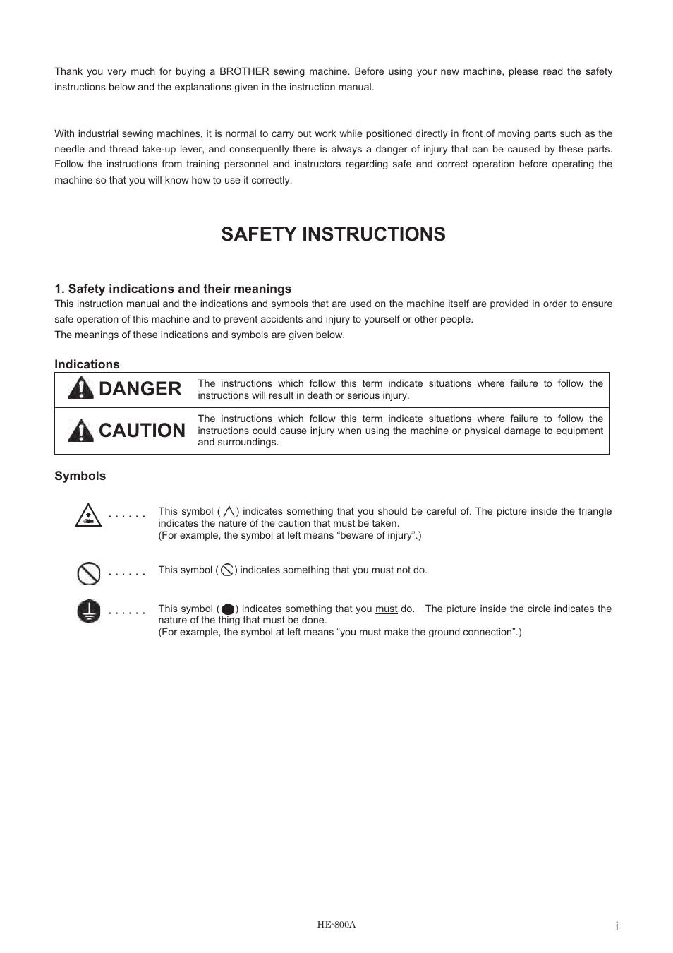 Safety instructions, Danger, Caution | Brother HE-800A User Manual | Page 2 / 118