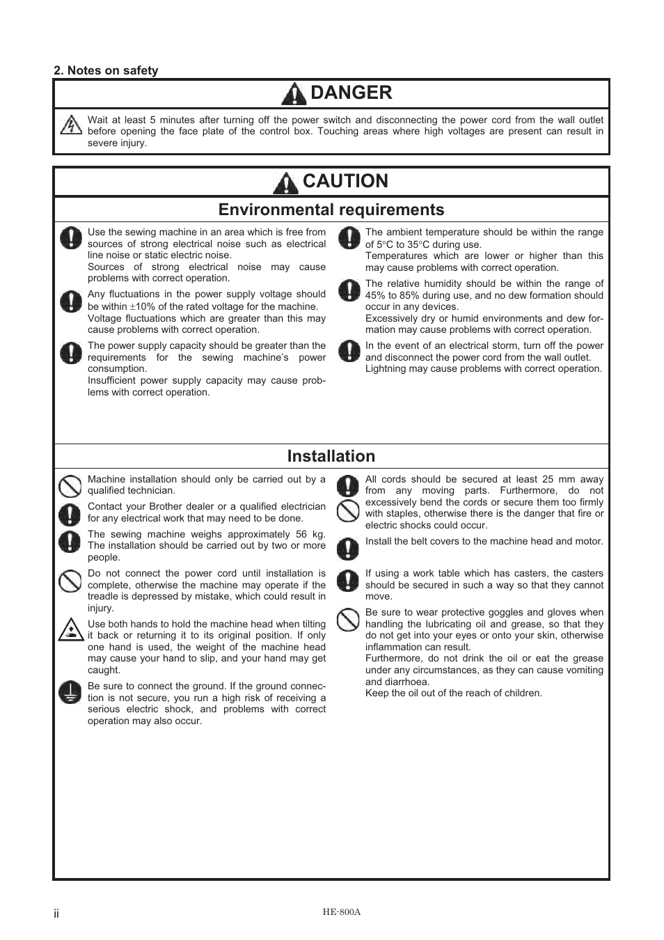 Danger, Caution, Environmental requirements | Installation | Brother HE-800A User Manual | Page 3 / 118