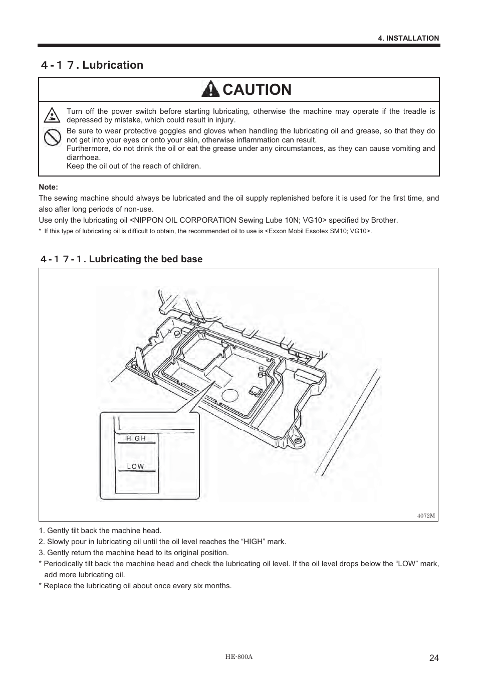 Caution, ዐ - ውዓ . lubrication, ዐ - ውዓ - ው . lubricating the bed base | Brother HE-800A User Manual | Page 32 / 118