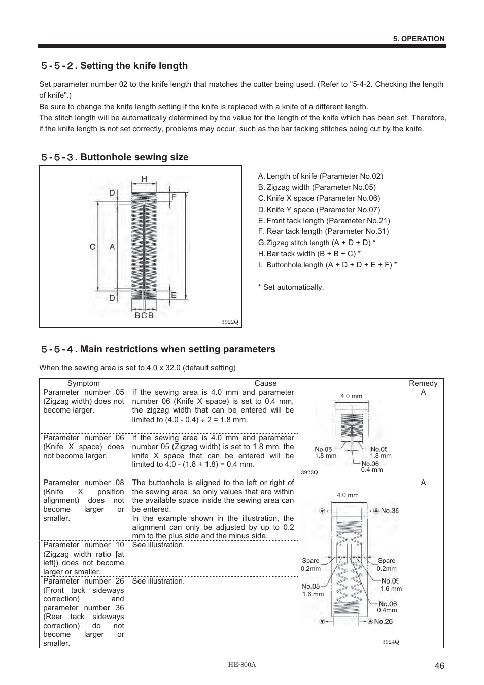 ዑ - ዑ - ዎ . setting the knife length, ዑ - ዑ - ዏ . buttonhole sewing size | Brother HE-800A User Manual | Page 54 / 118