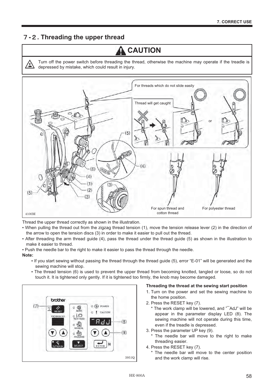 Caution, ዓ - ዎ . threading the upper thread | Brother HE-800A User Manual | Page 66 / 118