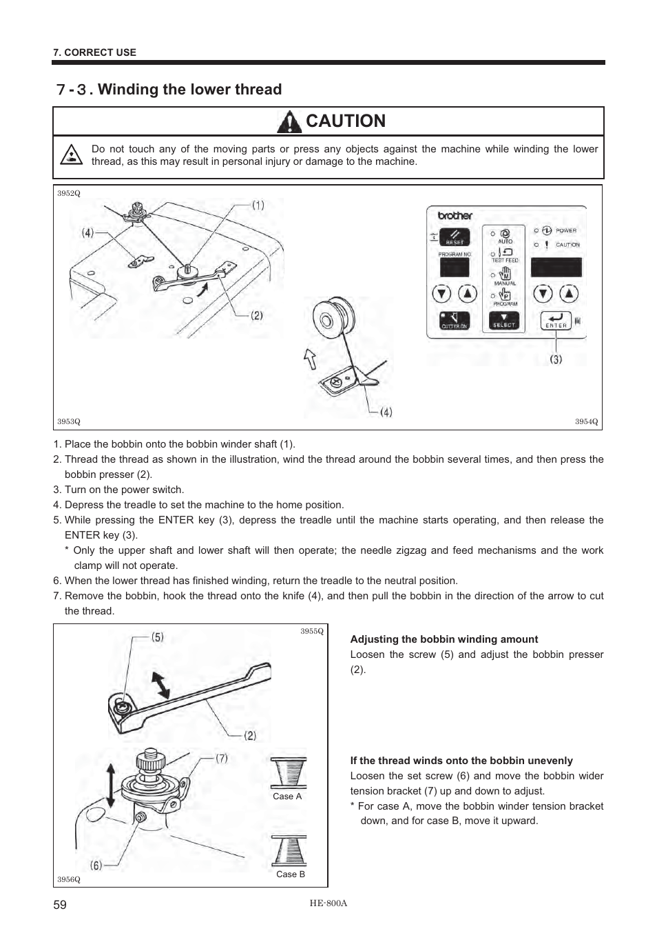 Caution, ዓ - ዏ . winding the lower thread | Brother HE-800A User Manual | Page 67 / 118