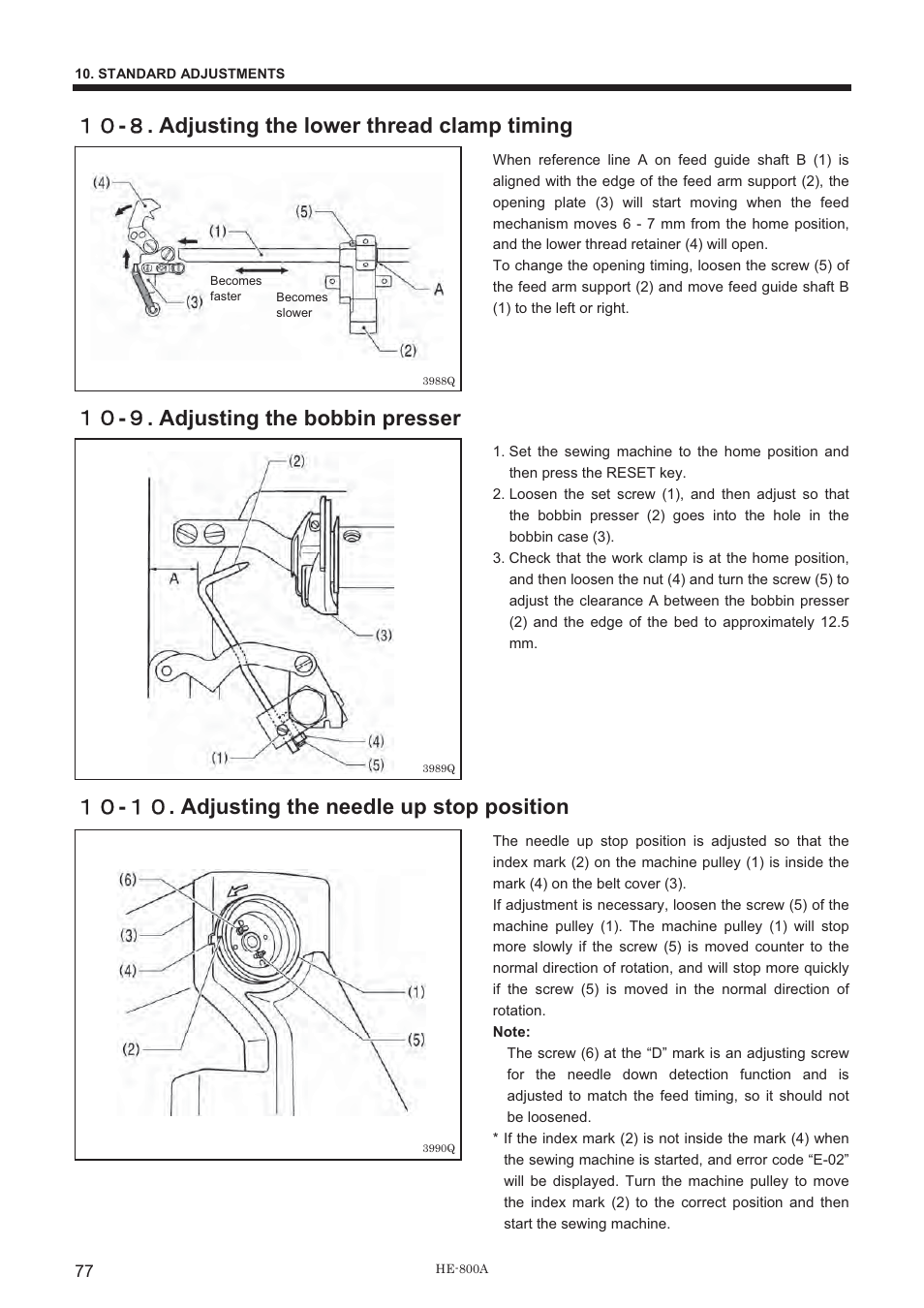 ውዌ - ዔ . adjusting the lower thread clamp timing, ውዌ - ዕ . adjusting the bobbin presser, ውዌ - ውዌ . adjusting the needle up stop position | Brother HE-800A User Manual | Page 85 / 118