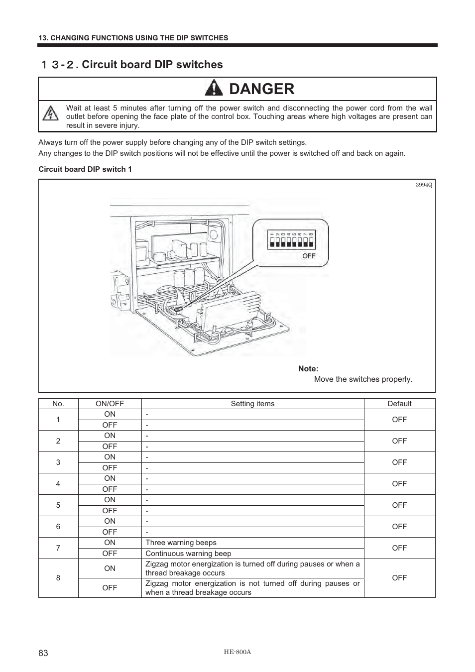 Danger, ውዏ - ዎ . circuit board dip switches | Brother HE-800A User Manual | Page 91 / 118