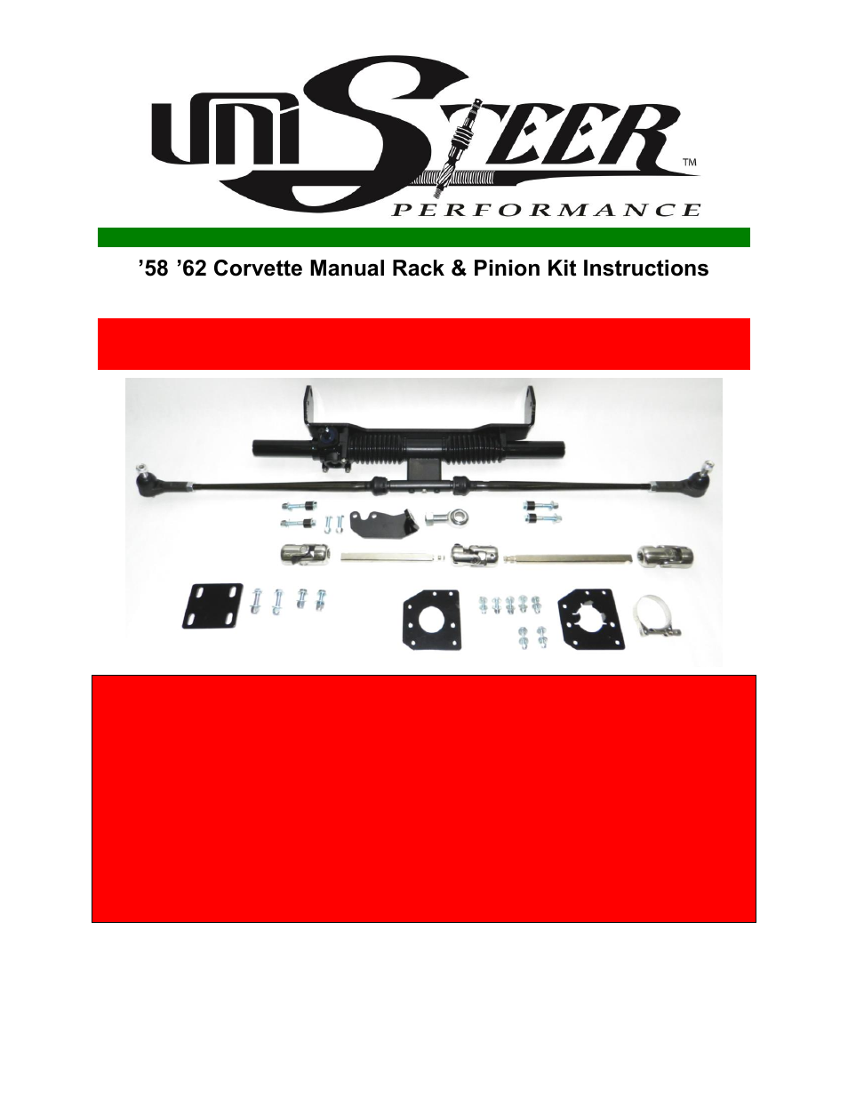 Unisteer 8001550 Corvette Manual Rack & Pinion Kit 1958-1962 User Manual | 9 pages