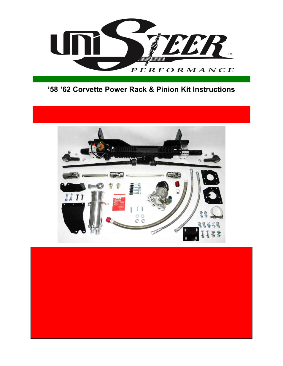 Unisteer 8011530 Corvette Power Rack & Pinion Kit 1958-1962 User Manual | 10 pages