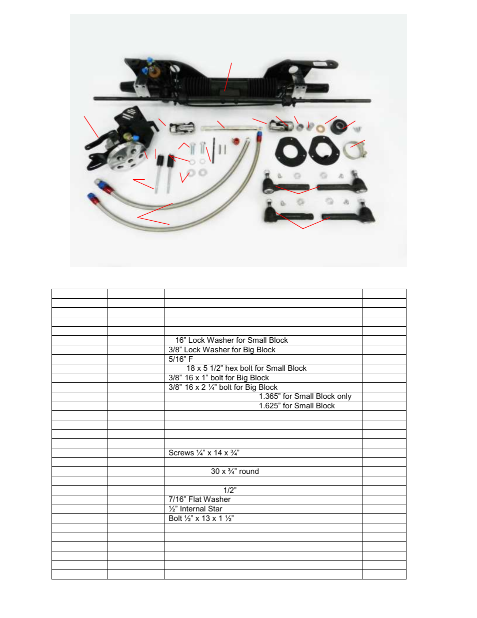 Kit contents | Unisteer 8011940-01 Mercury Cougar Power Rack 1967-70 User Manual | Page 2 / 15