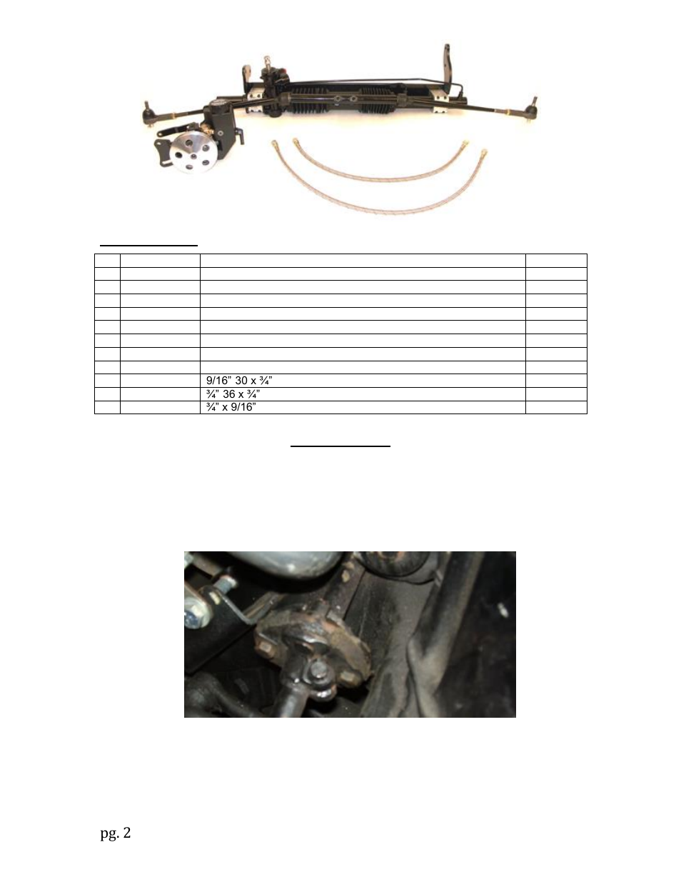 Pg. 2, Kit contents, Disassembly | Unisteer 8010780-02 Chevelle Power Rack & Pinion Kit 1964-67 User Manual | Page 2 / 7