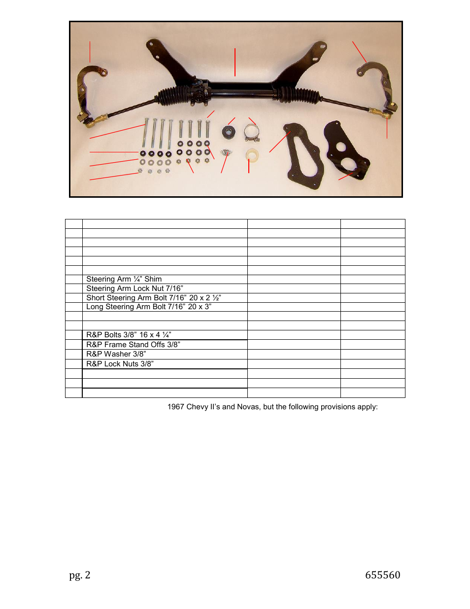 Kit contents | Unisteer 8000930-02 Chevy II Manual Rack & Pinion Kit 1962-67 User Manual | Page 2 / 6