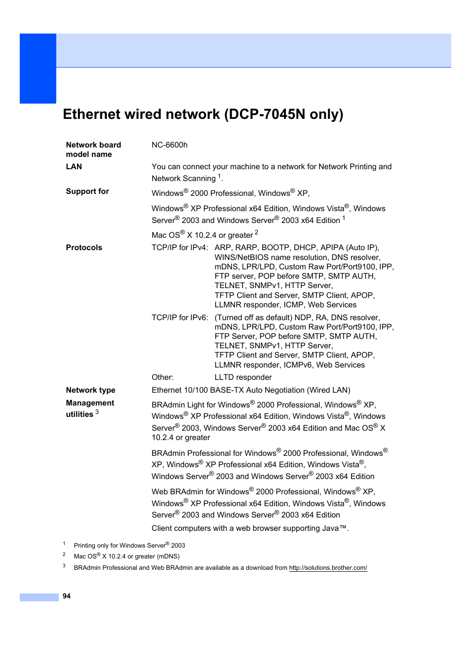 Ethernet wired network (dcp-7045n only) | Brother DCP-7045N User Manual | Page 102 / 107