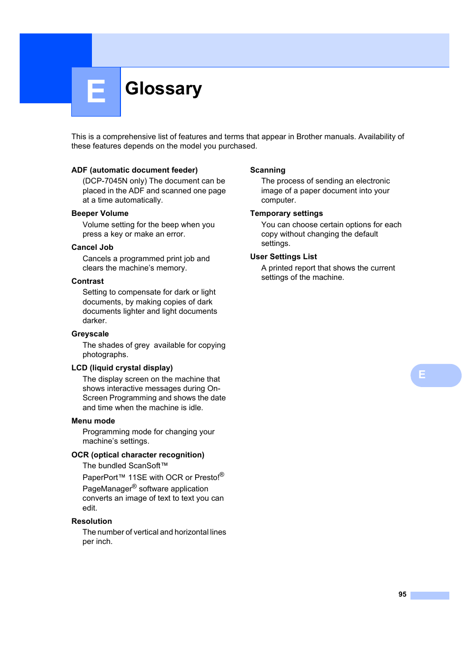 E glossary, Glossary | Brother DCP-7045N User Manual | Page 103 / 107